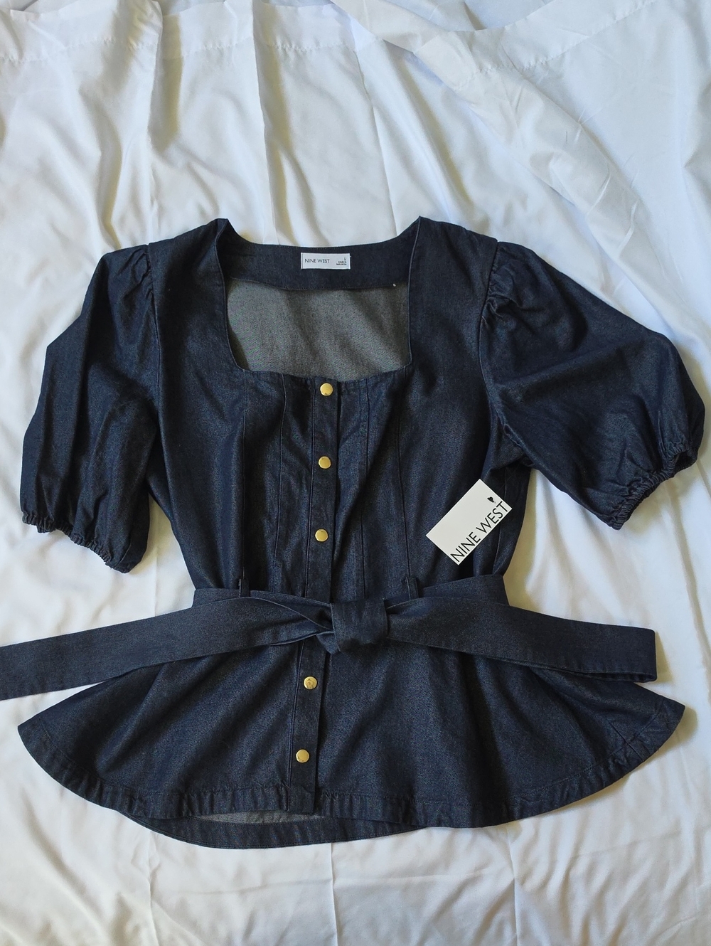 Nine West Dark Denim Puff Sleeve Button-Front Peplum Top